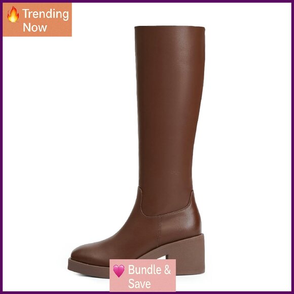 Platform Knee High Boots Square Toe Chunky Heel Side Zipper Block Heel